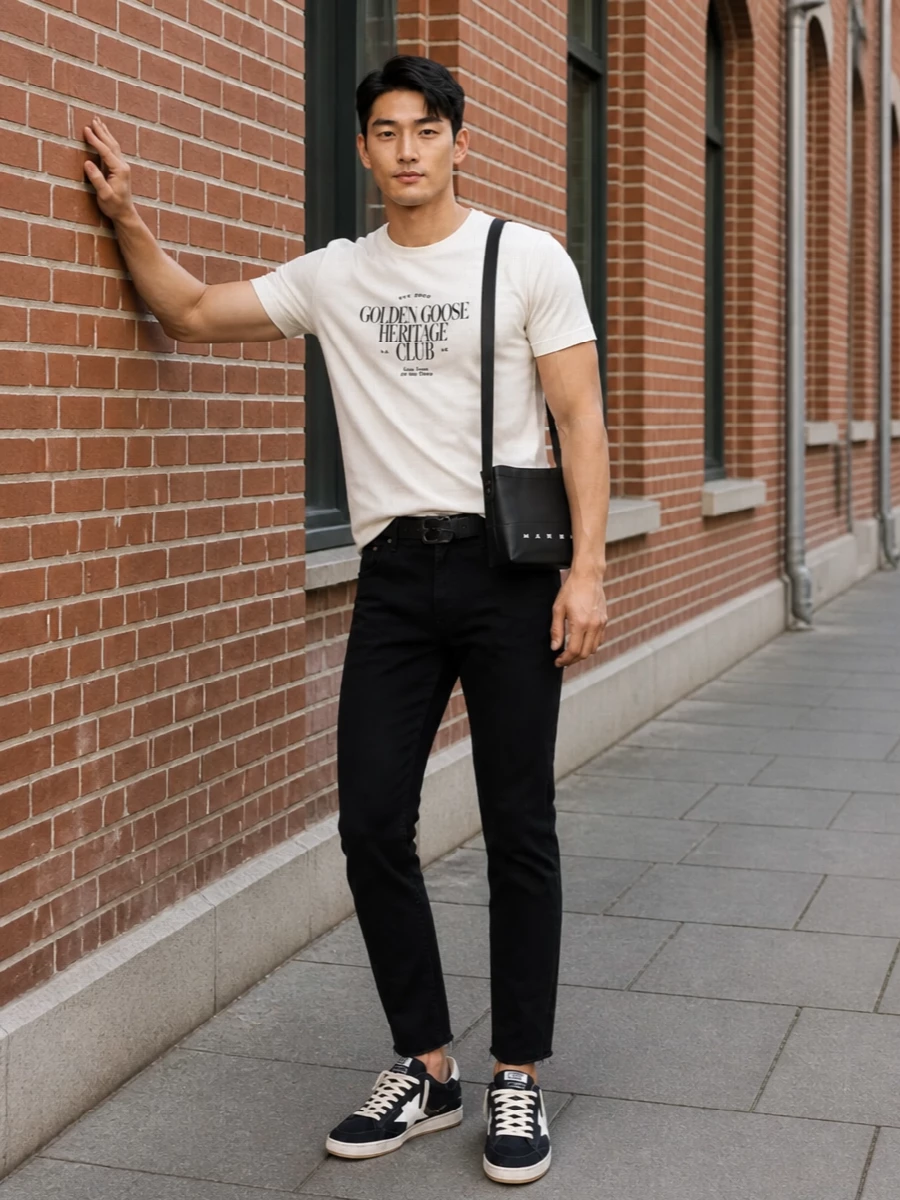 Golden goose tee black jeans navy sneakers