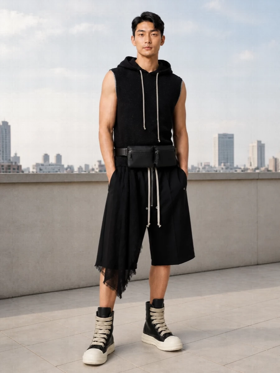 Rick owens long shorts sleeveless hoodie high tops