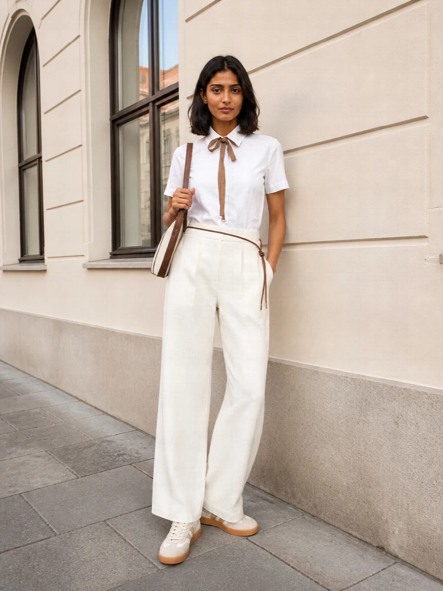 Herno white bow shirt ivory wide leg trousers