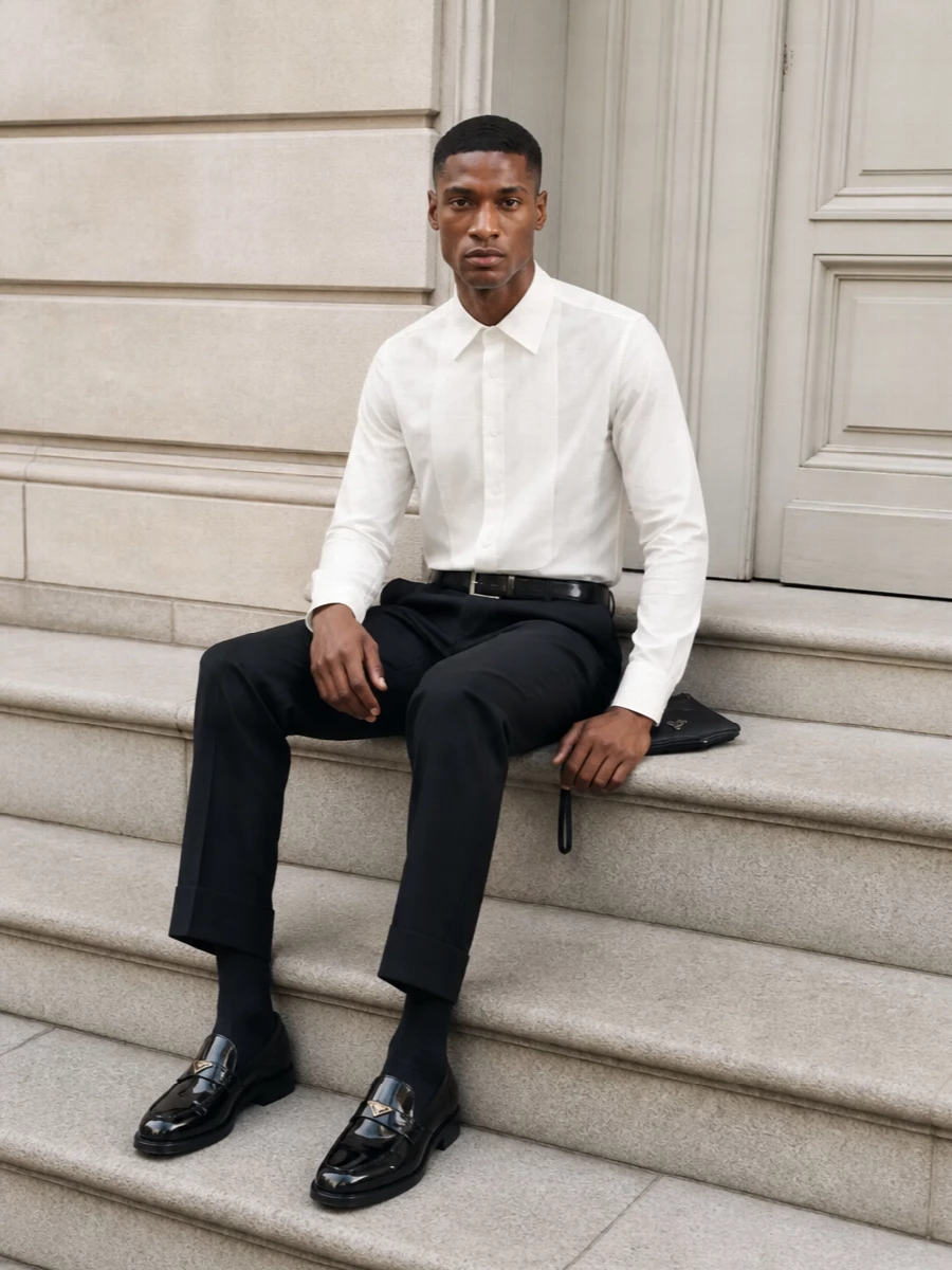 Prada black tuxedo trousers ivory evening shirt