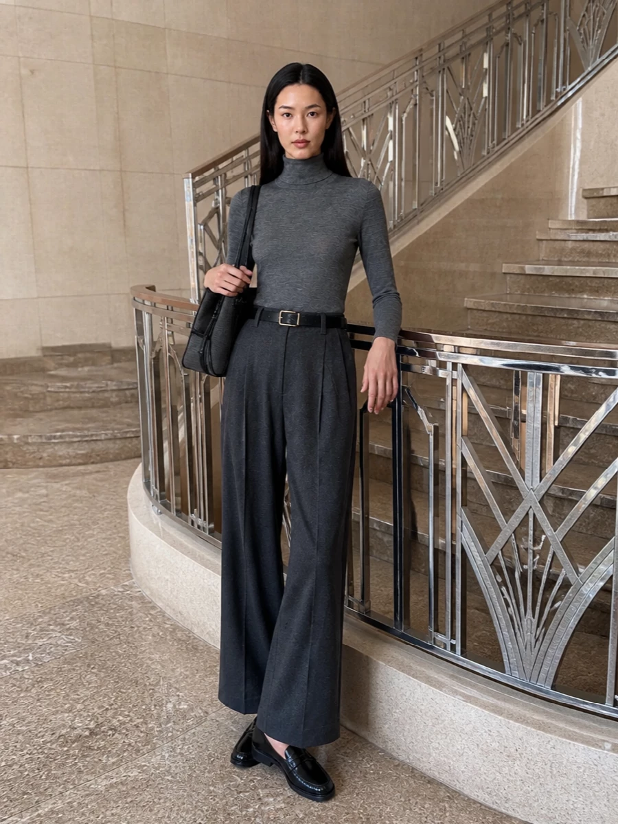Brunello cucinelli charcoal wide leg trouser outfit
