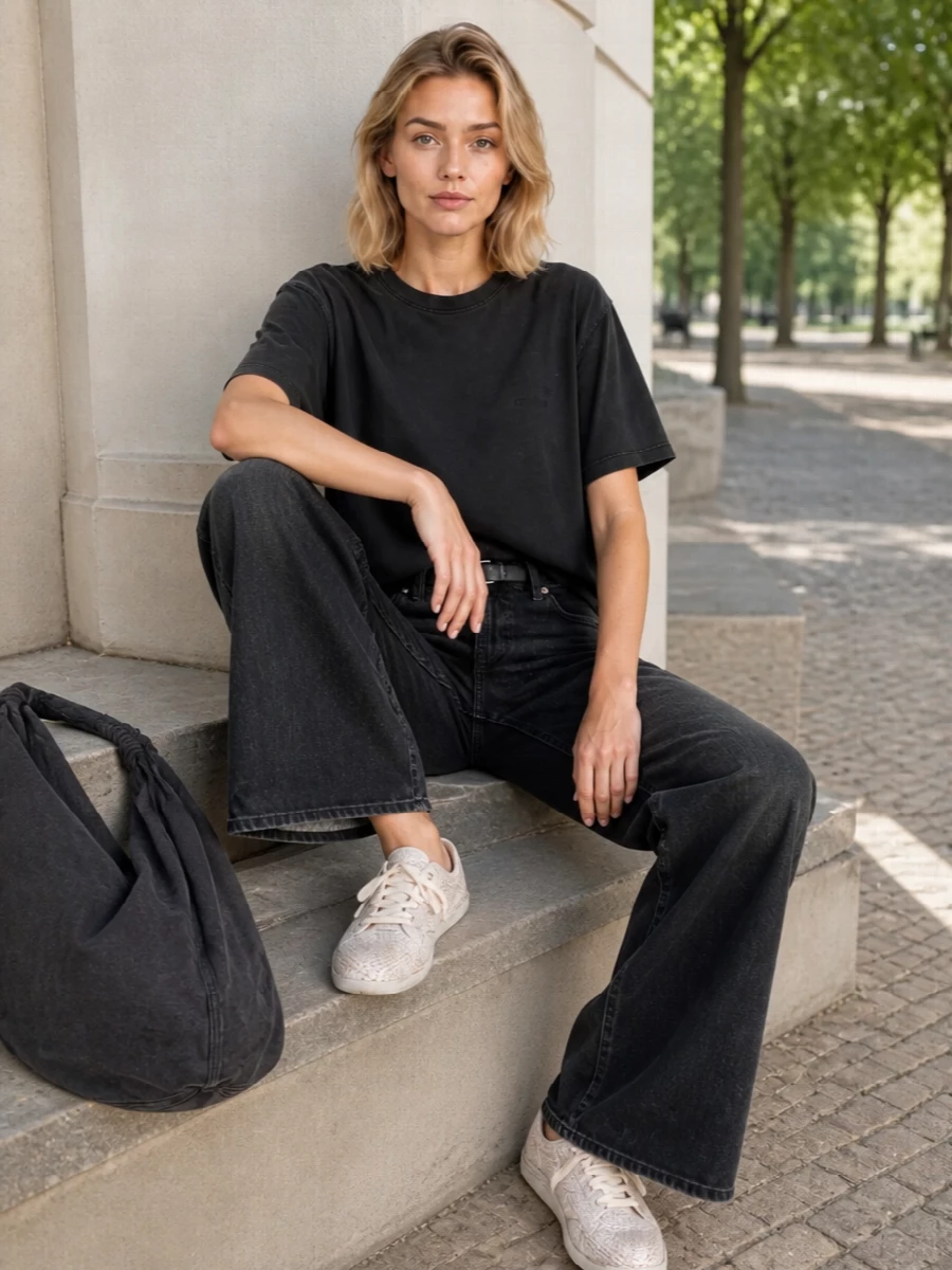 Haikure wide leg jeans asymmetric tee sneakers