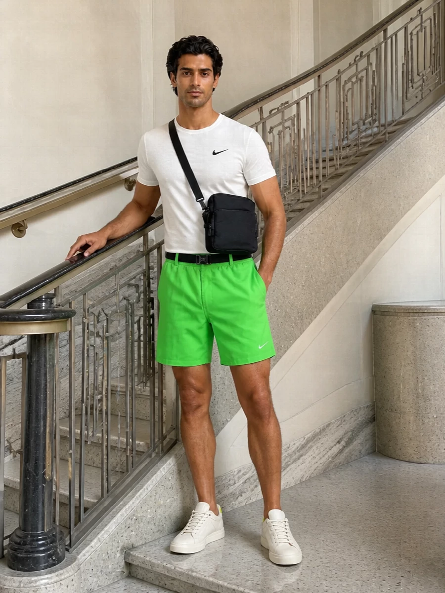 Nike neon green shorts white tee sneakers