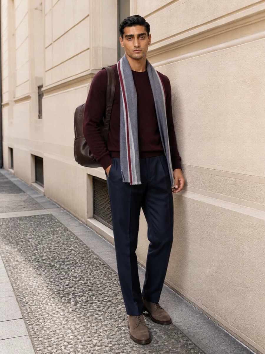 Brunello cucinelli burgundy sweater navy trouser