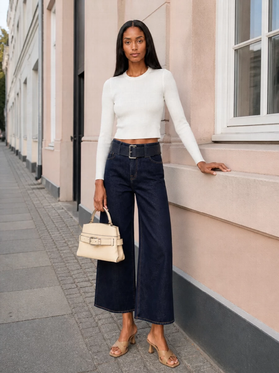 Dark indigo wide-leg denim meets a slim white knit for a clean, graphic base that feels relaxed but intentionally put together. A sculpting indigo belt, tan mid-heel mules and a buttercream top-handle bag bring warm, quiet polish that keeps the head-to-toe denim story modern rather than retro. The cropped proportions and soft neutrals keep it ideal for bright city days and easy dinners alike.