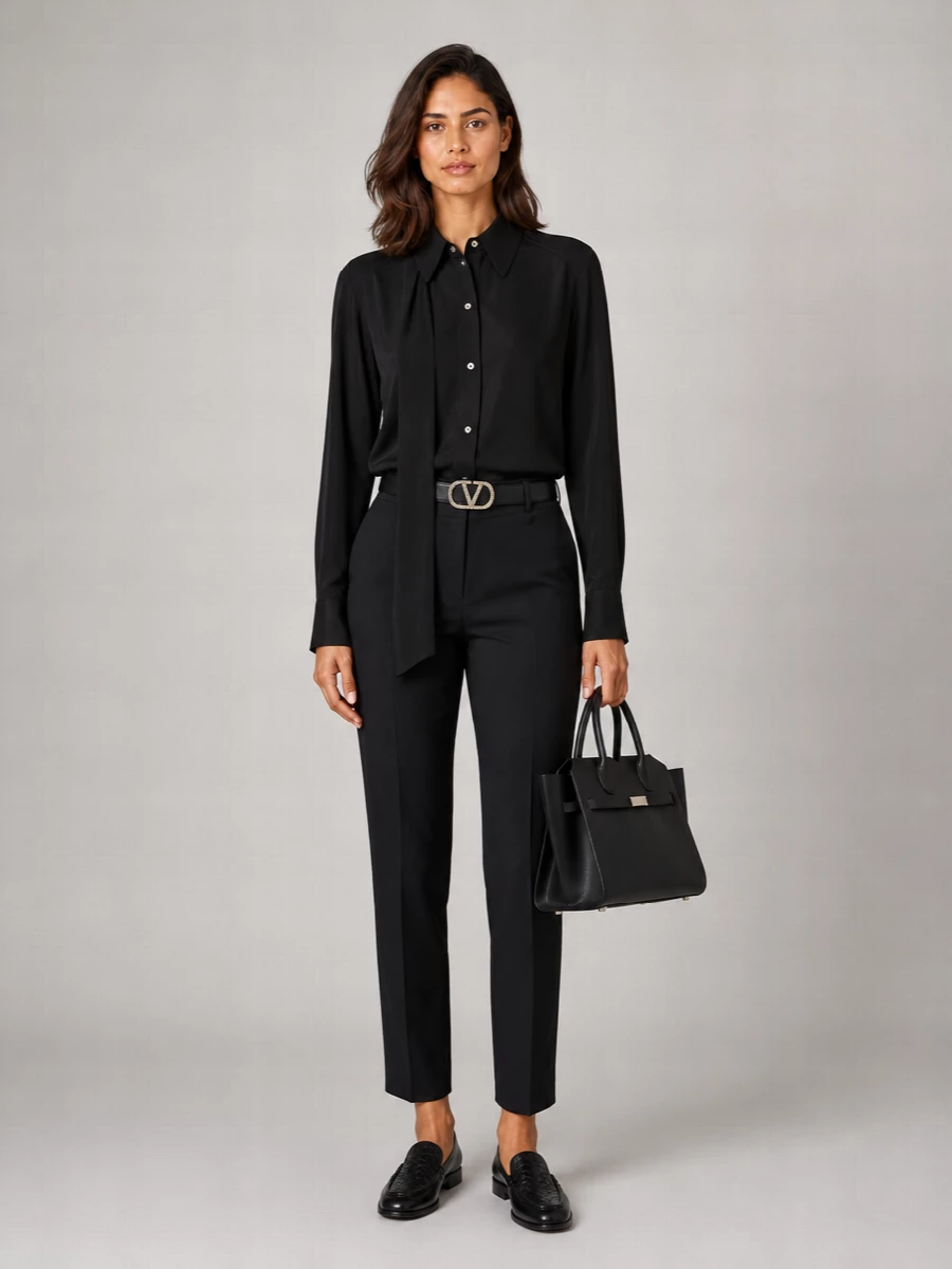 A fluid black tie-neck shirt meets precise high-waisted tapered trousers for a quietly assertive take on city tailoring. The low-heel loafers and structured black bag keep the silhouette long and unfussy, while the crystal-detailed belt adds just enough light for evening. It is a clean, modern desk-to-dinner uniform in deep, tonal neutrals.