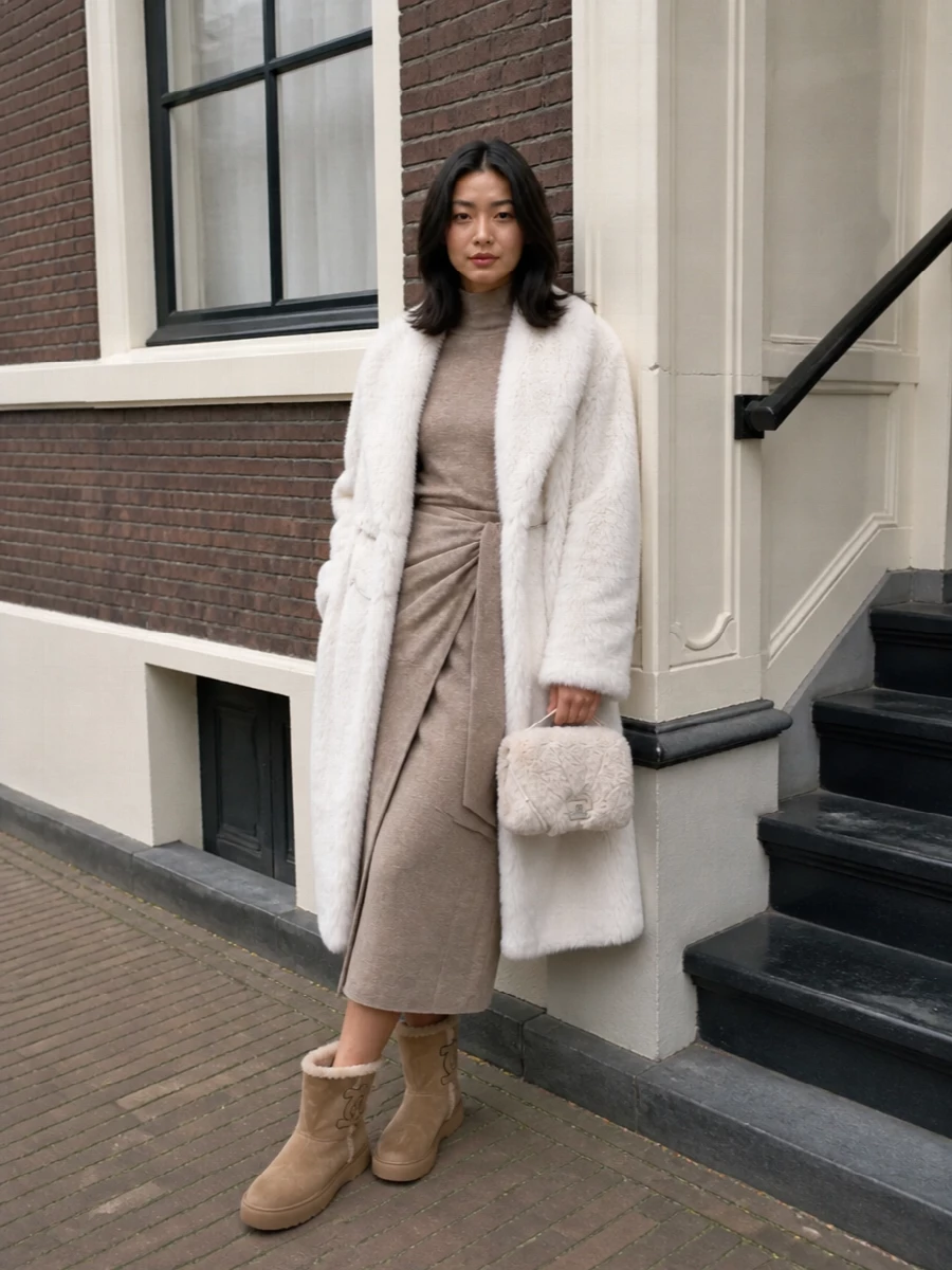 Dondup faux fur coat max mara knit dress outfit