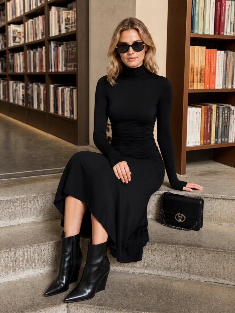 I chose the dress route to let the sunglasses sit with a single, strong column of black rather than breaking the line with tailoring separates. The ruched midi, razor-sharp boots and structured shoulder bag create a quietly powerful evening ensemble that feels modern, polished and completely coherent in tone and palette. It is the kind of city-night dressing where every element is considered but nothing shouts.