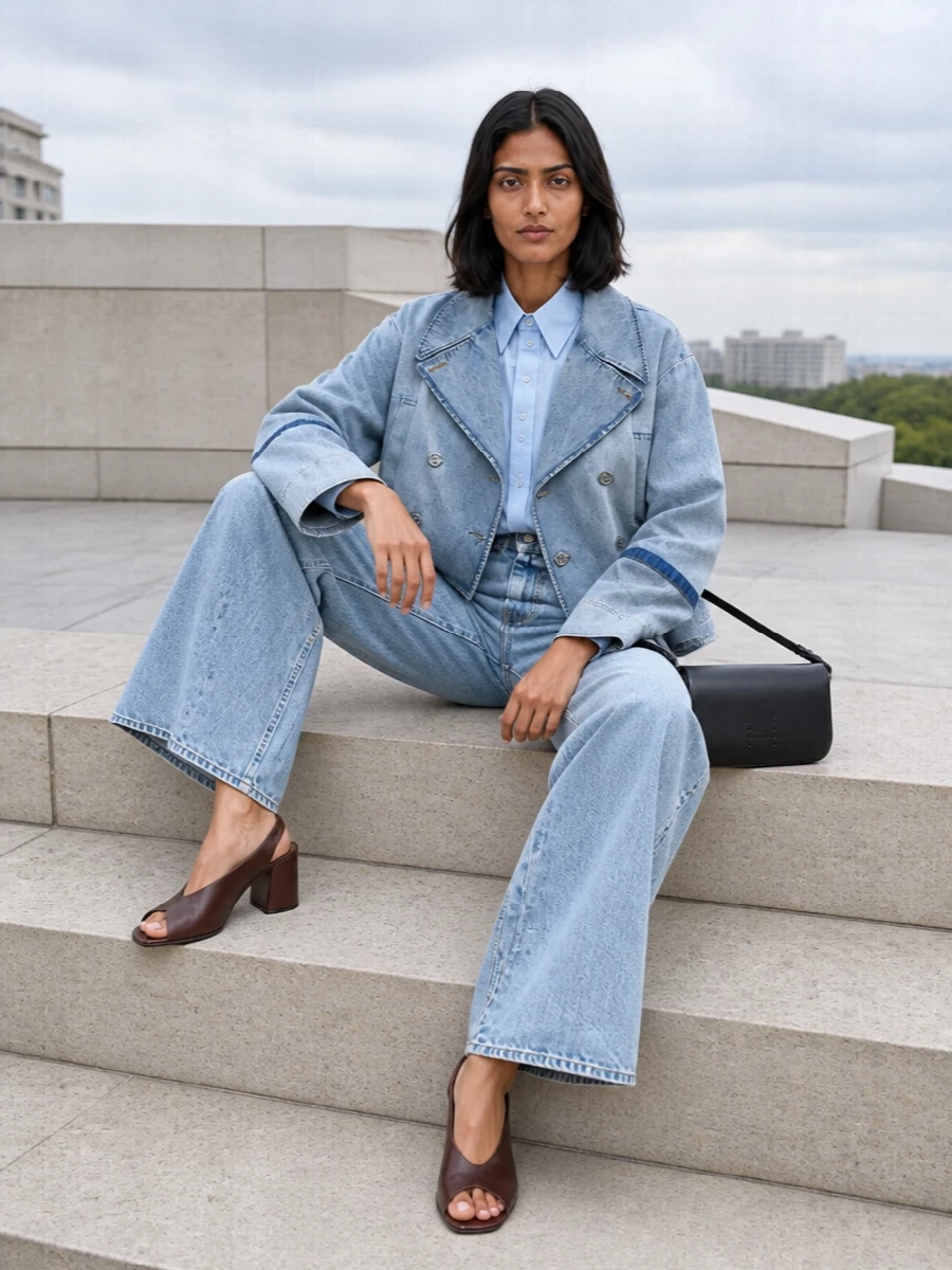 Maison margiela denim jacket wide leg jeans outfit