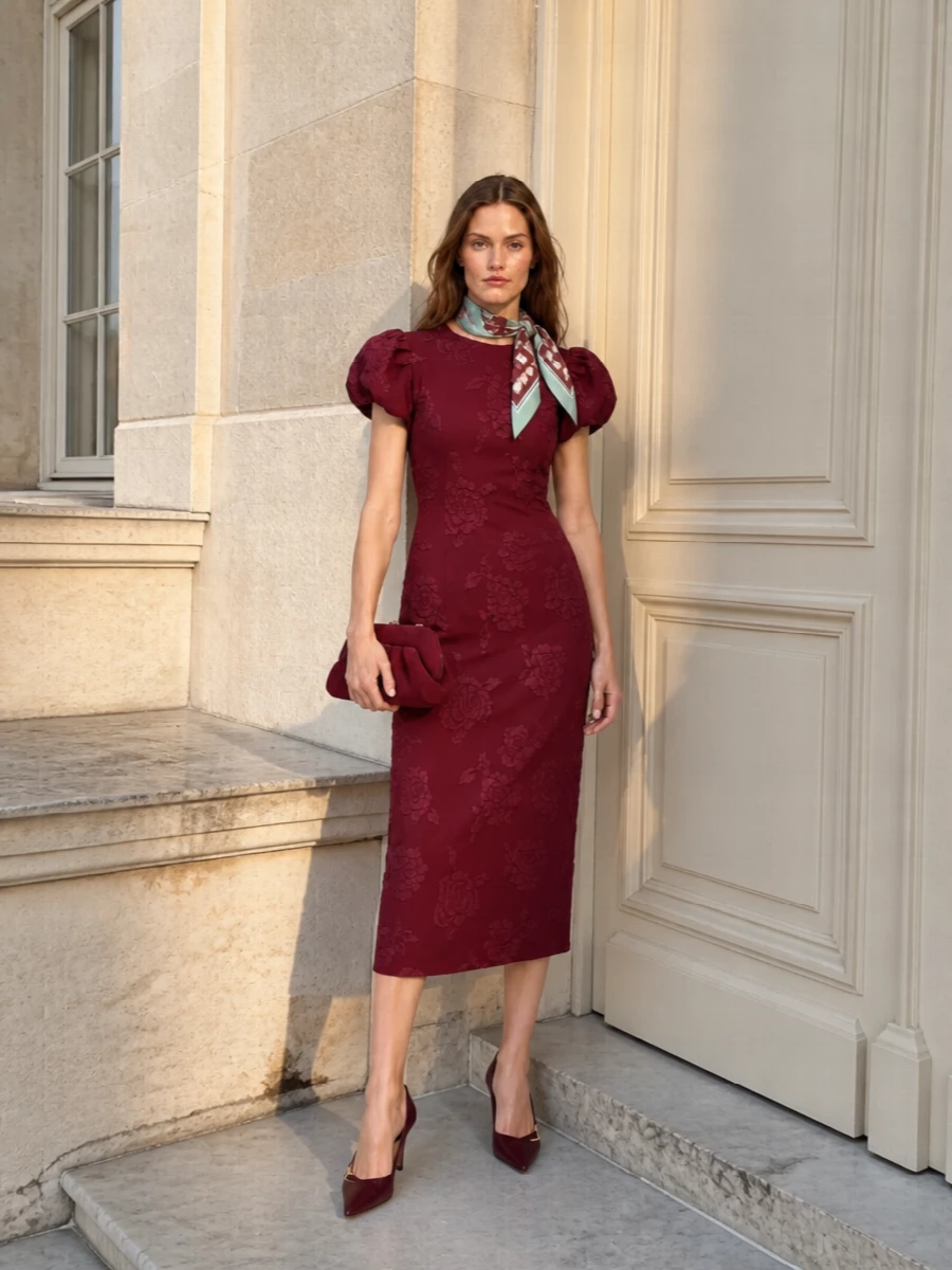 Rotate burgundy midi dress ferragamo pumps