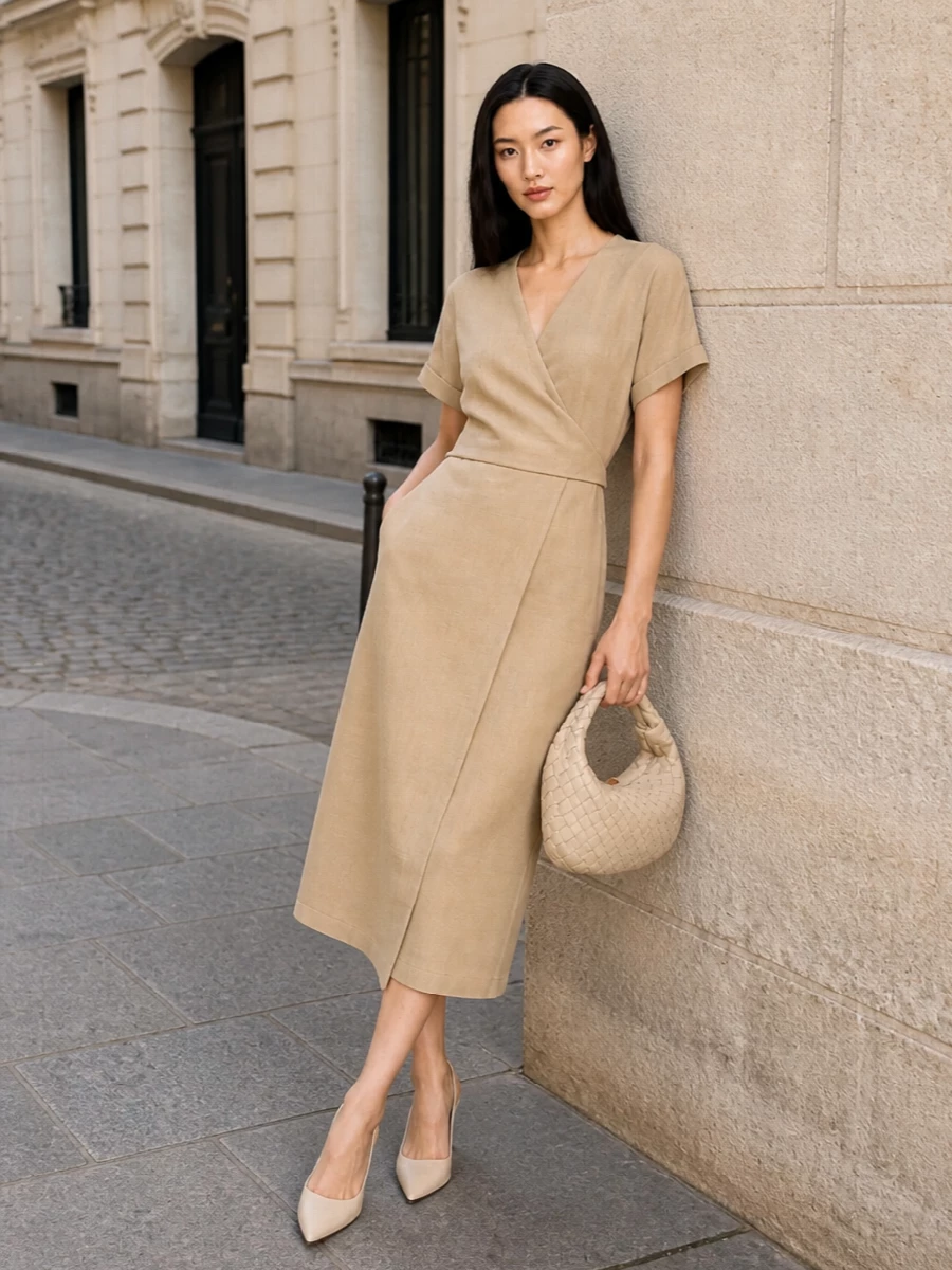 Brunello cucinelli sand wrap midi dress outfit