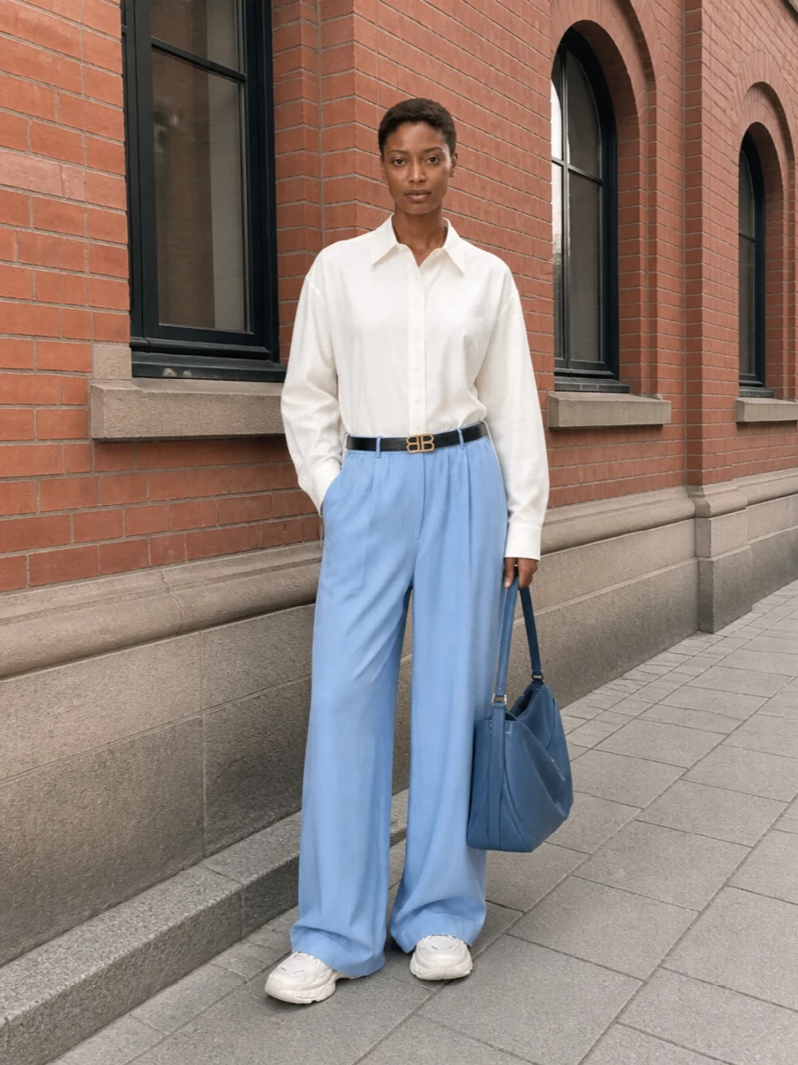 Balenciaga wide leg trousers ivory shirt outfit