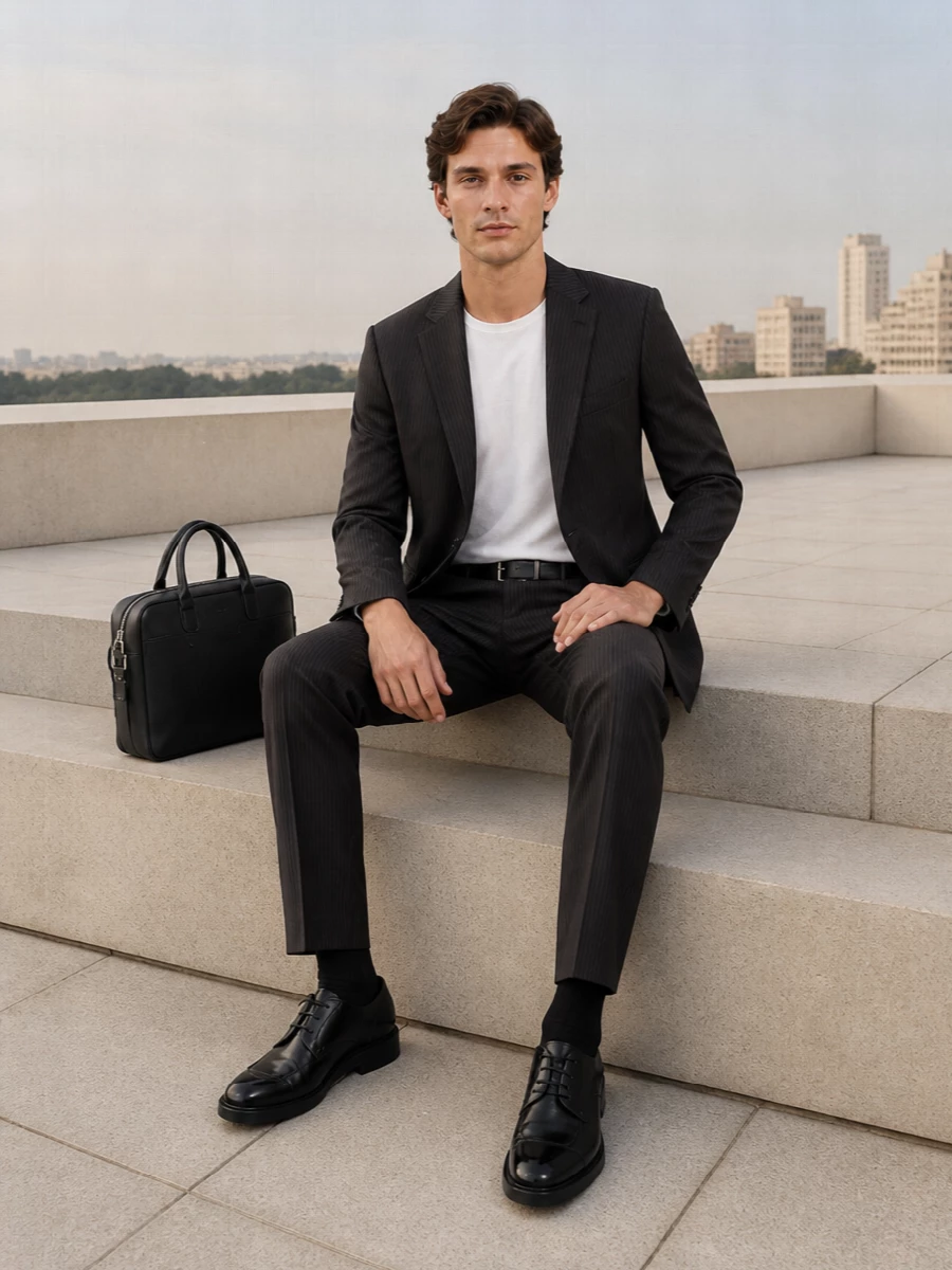 Saint laurent pinstripe suit black derby shoes