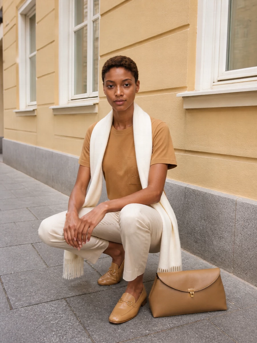 Camel and cream are handled with restraint here, letting the logo tee sit cleanly against slim cream tailoring for a soft column of neutrals. Low-heeled camel loafers and a structured camel shoulder bag keep the line polished yet relaxed, ideal for a modern office or city day. The ivory scarf brings just enough texture and warmth while staying firmly inside the quiet-luxury palette.