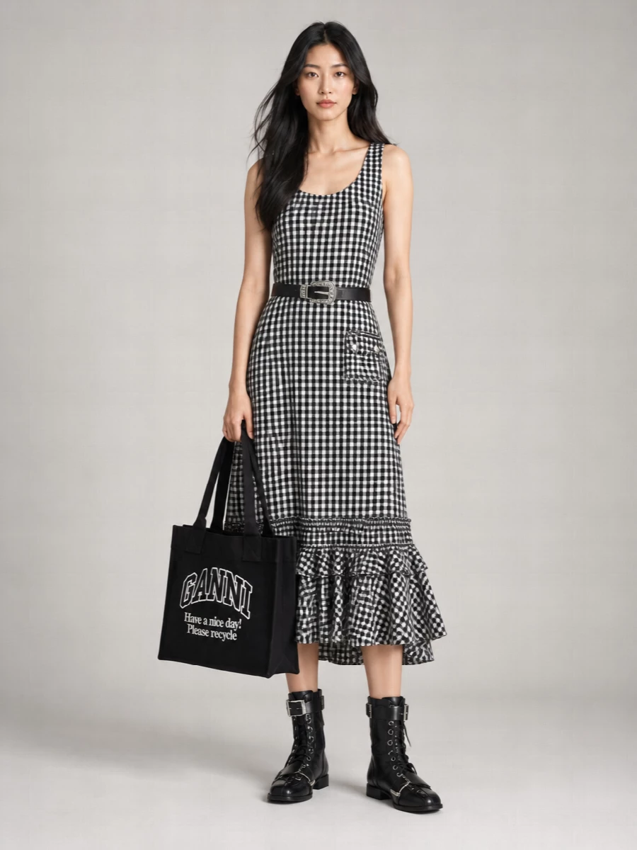 Ganni Crinkled Checked Sleeveless Midi Dress
