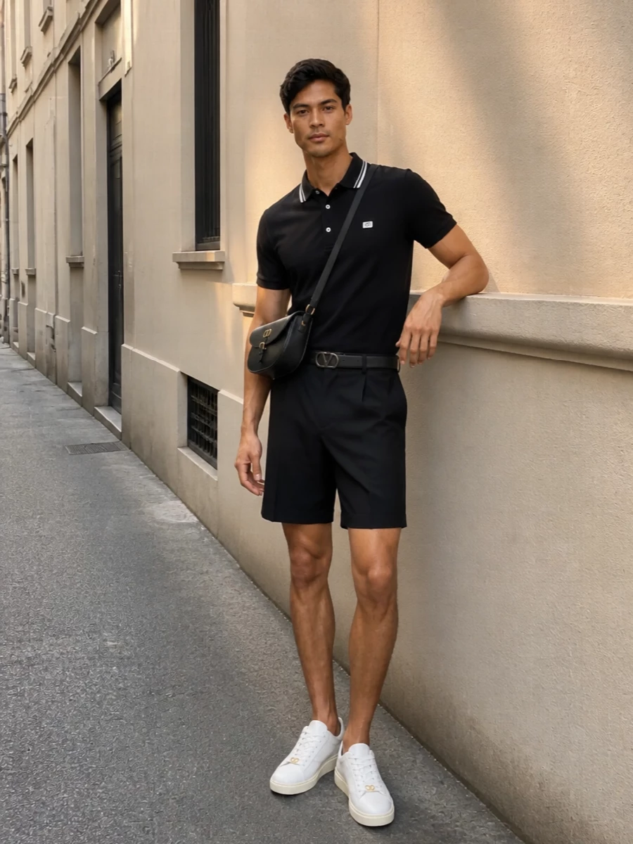 Valentino mens black polo tailored shorts outfit