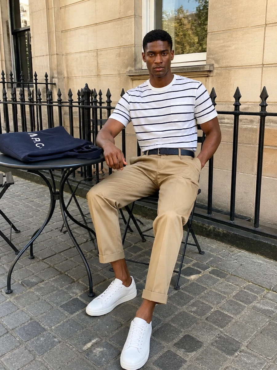 Beams plus striped tee khaki chinos outfit