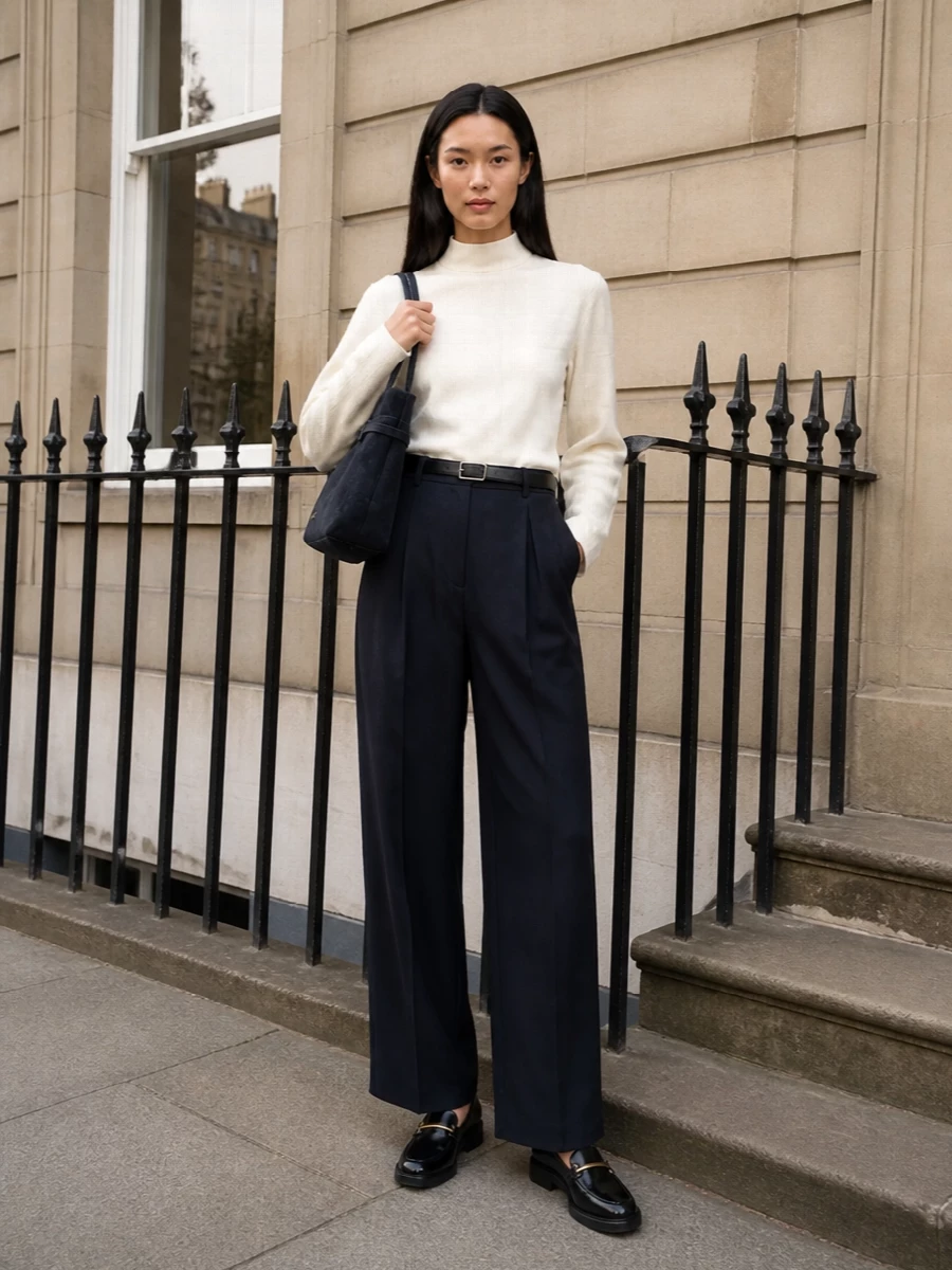 Rohe navy wide leg trousers ivory blouse outfit