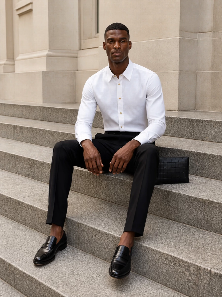 Bottega veneta black loafer pleated trousers outfit