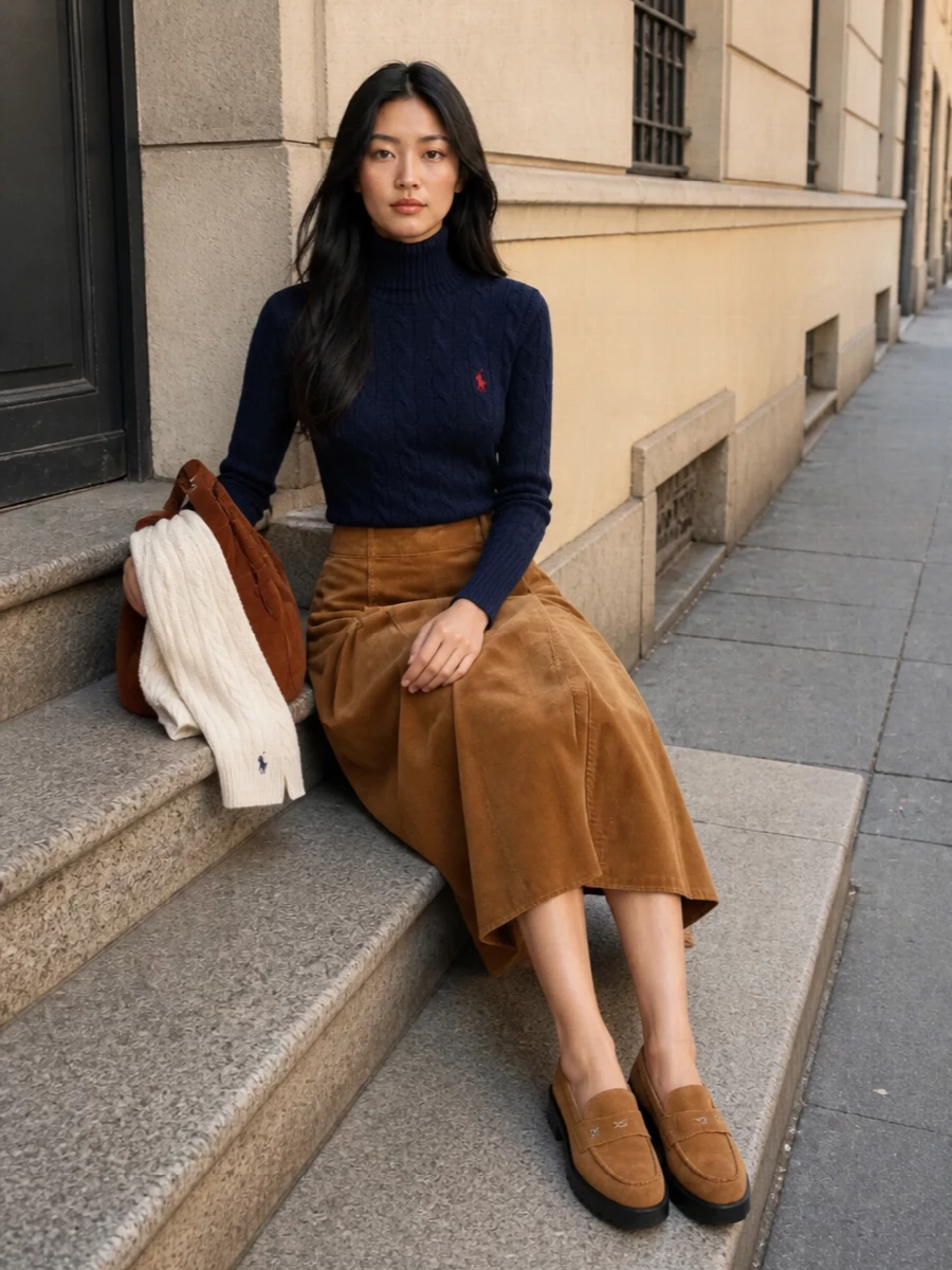 Polo ralph lauren navy turtleneck camel midi outfit