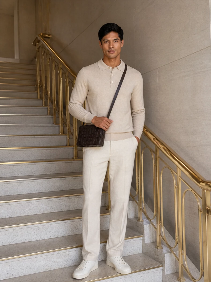 Brunello cucinelli cream sneaker beige polo outfit