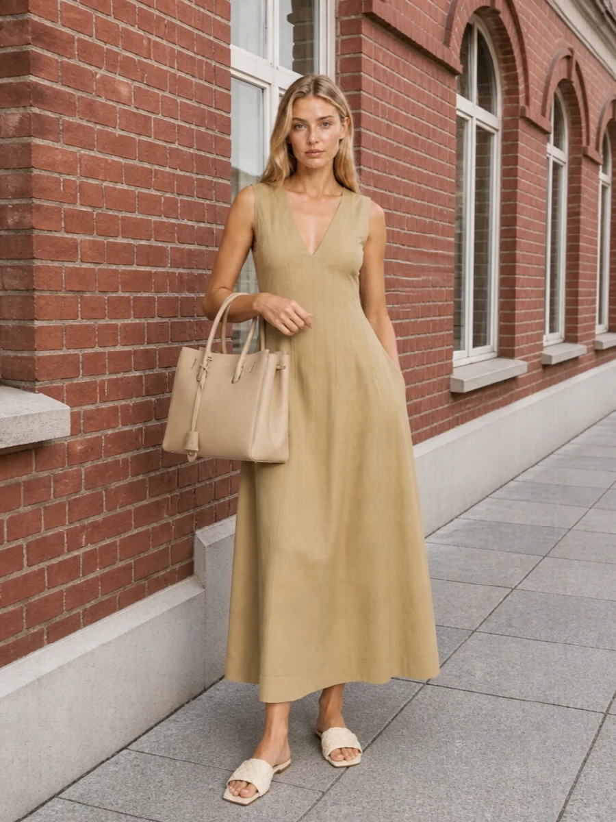 I chose the dress path to keep the story ultra-minimal, letting one continuous sand-beige column play against the structured nude Balenciaga tote. The Bottega midi’s open back and clean A-line balance ease with precision, while the ivory slides keep everything light and grounded for daytime in the city. Together, it reads as quiet luxury in soft neutrals, more about line and proportion than any single statement piece.