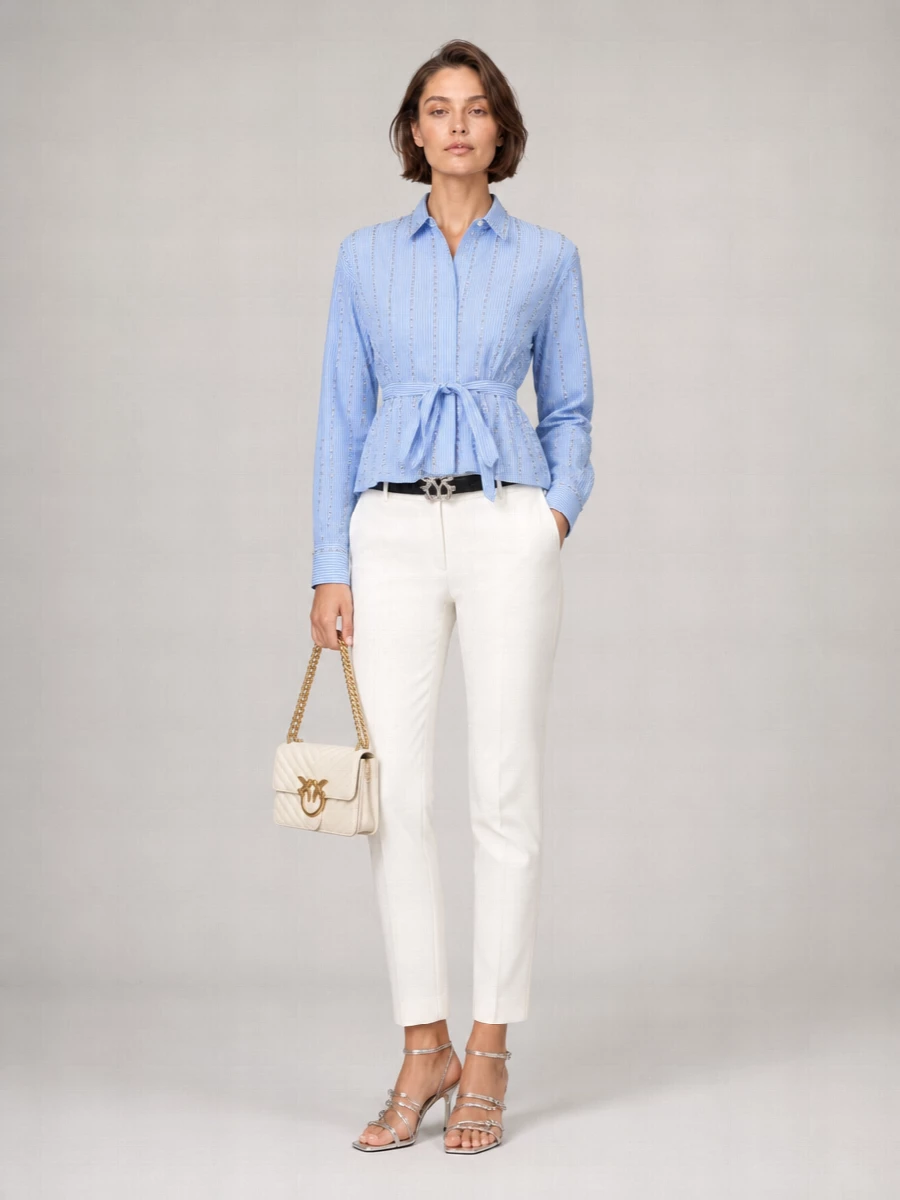 Pinko Cotton Striped Rhinestone Long-Sleeve Shirt