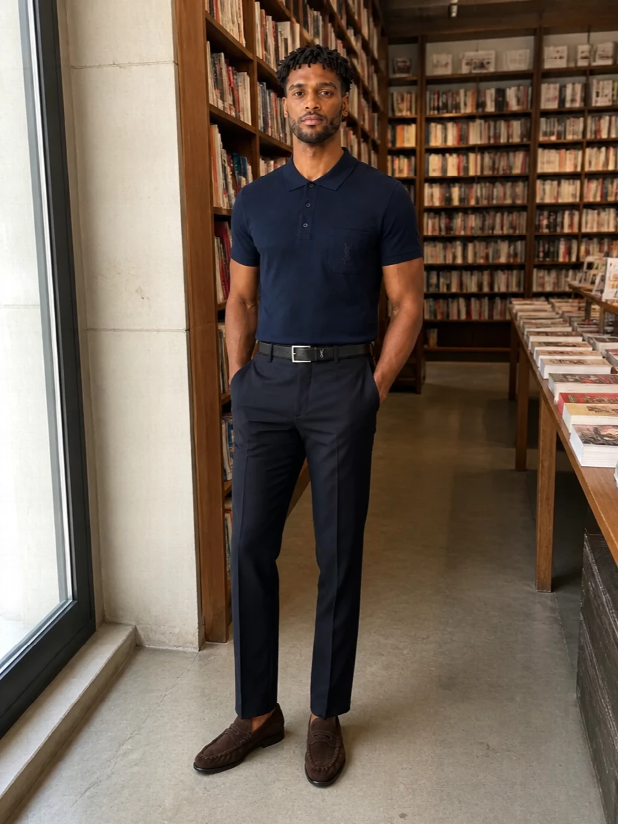 Saint laurent navy polo tailored trousers outfit