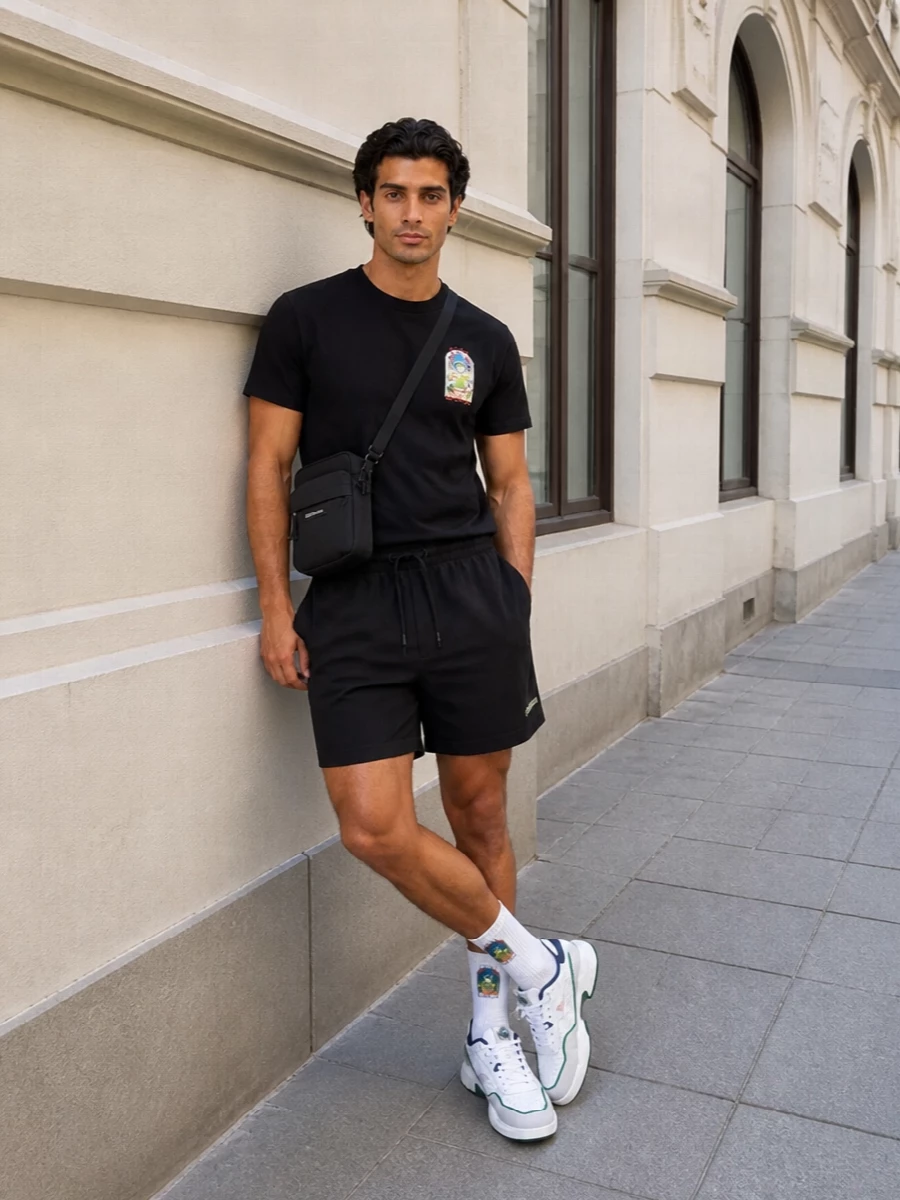 A graphic Casablanca tee meets pared-back black deck shorts for a clean, sport-led summer uniform. Retro white court sneakers and a compact black crossbody keep the energy casual but precise, with striped socks quietly echoing the color story. It feels like city strolls and late-afternoon courtside, relaxed but clearly considered.