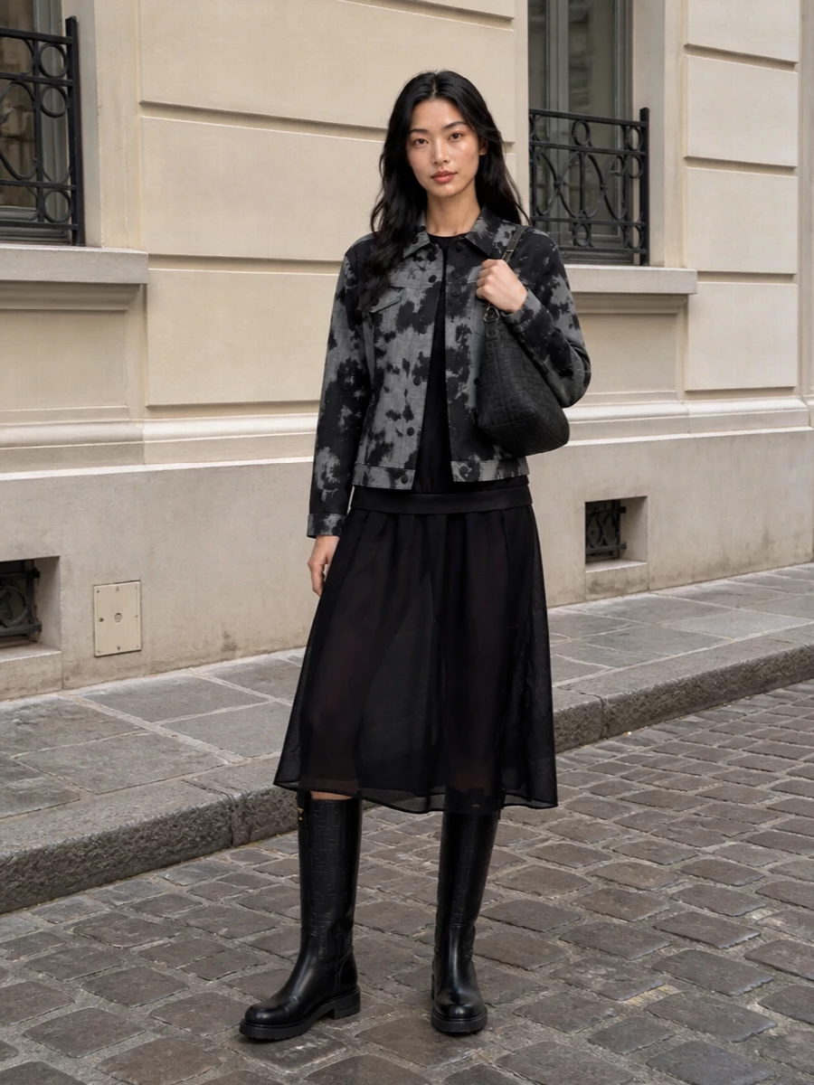 Fendi denim jacket black midi dress boots
