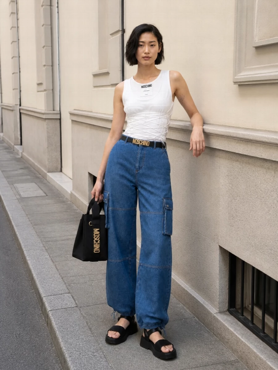 Moschino denim cargo pants white tank outfit