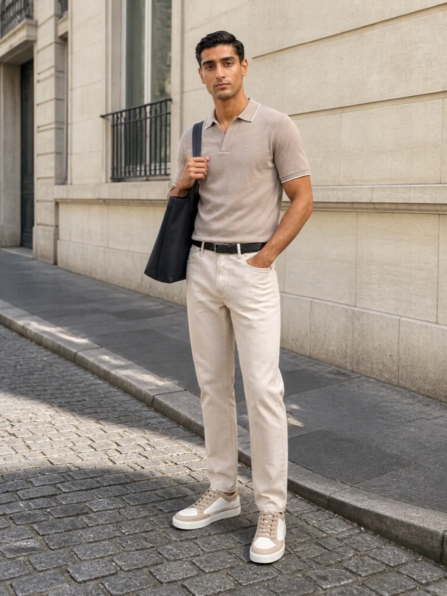 Emporio armani taupe polo beige trousers outfit