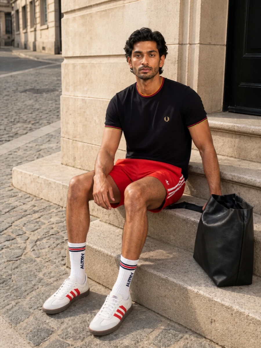 Fred perry tee adidas red shorts sneakers