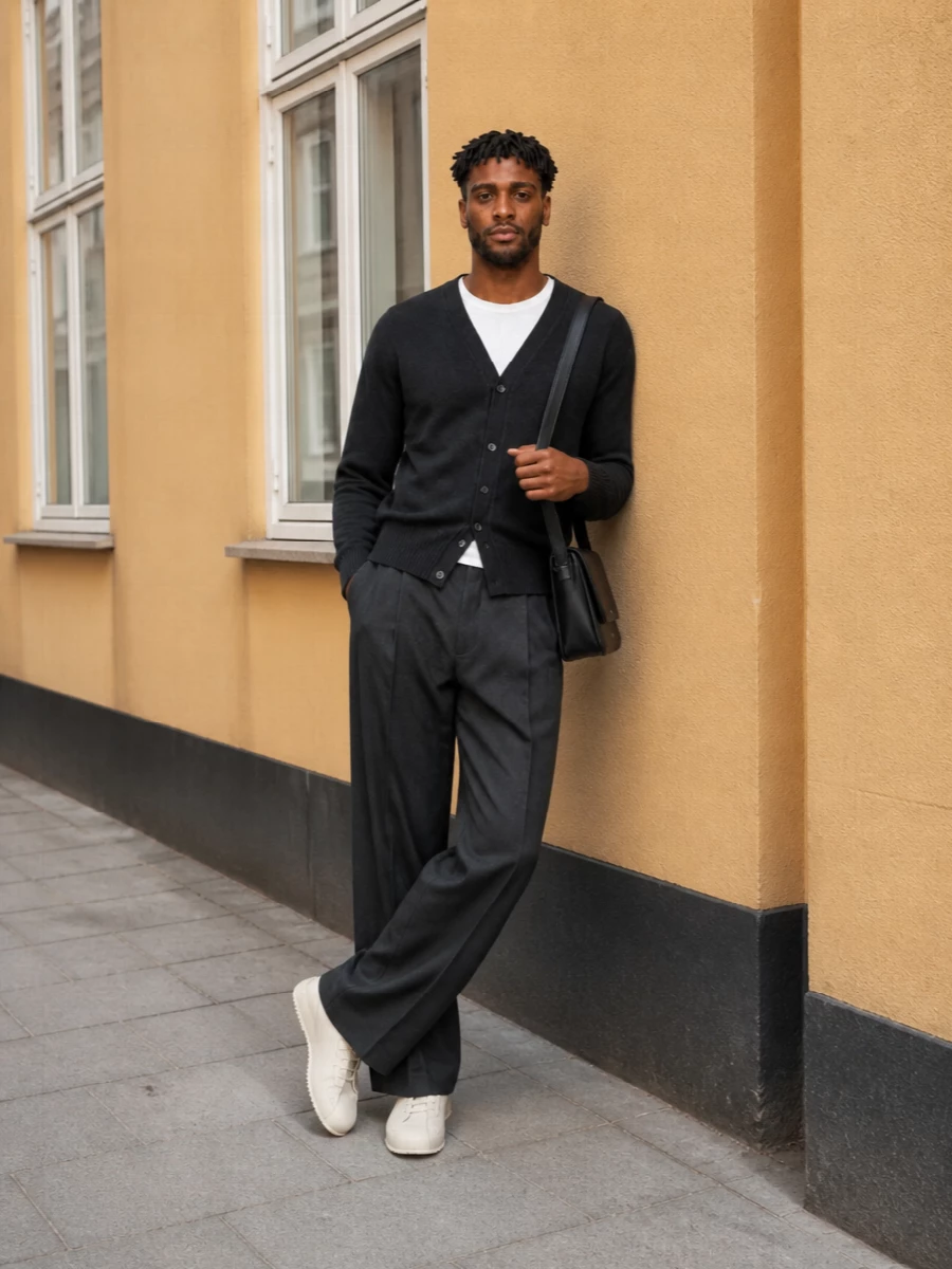 Ami cardigan wide leg trousers outfit