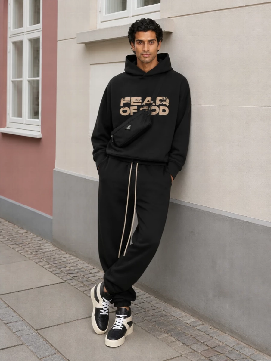 Fear of god black track pants hoodie outfit