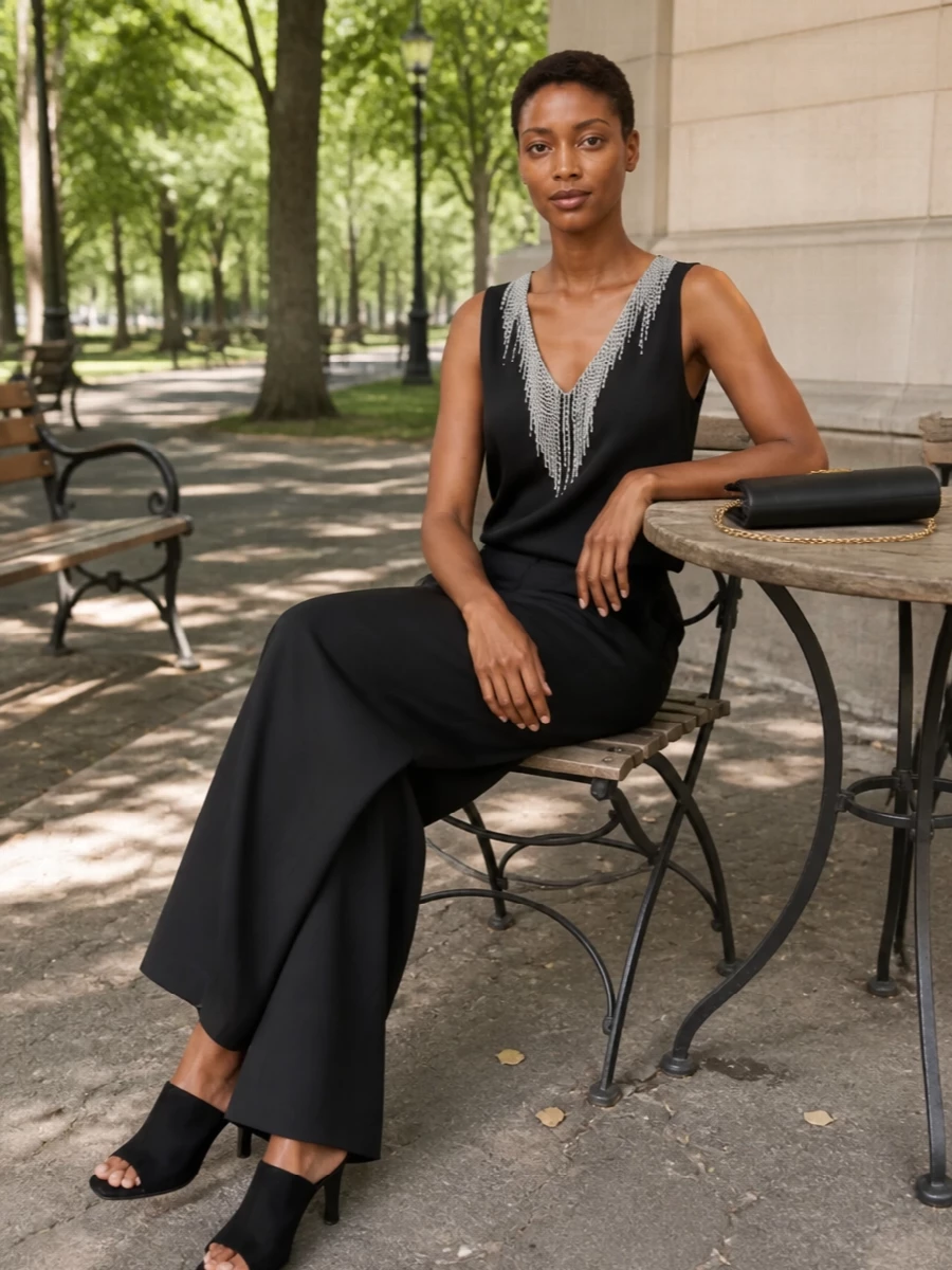A column of inky black frames the crystal-fringed neckline so all the light sits at the face. The draped wide-leg trouser keeps the line long and formal, while pared back mules and a slim chain bag maintain a calm, modern evening polish.