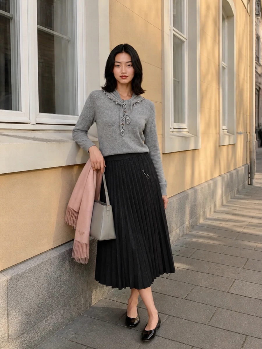 Prada grey sweater charcoal pleated midi outfit