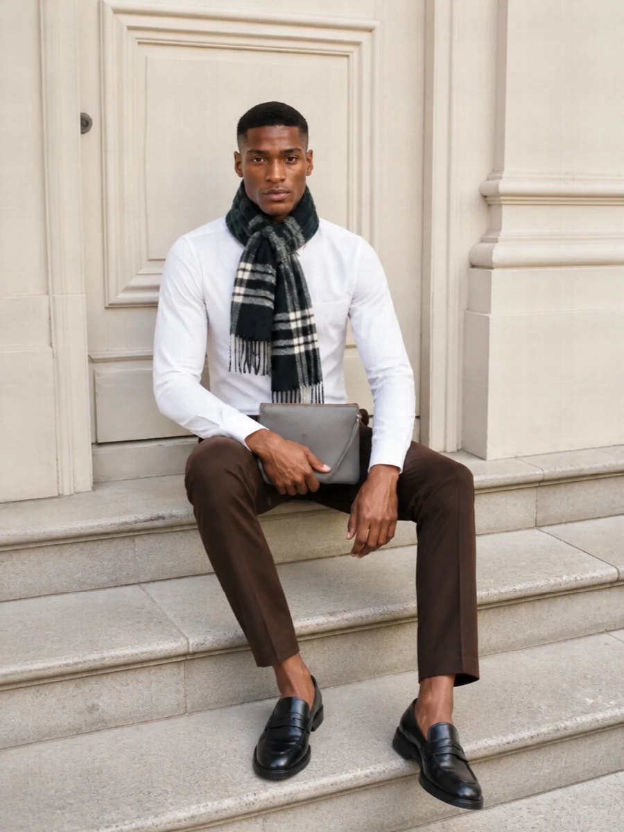 Burberry white shirt dark brown tailored trousers