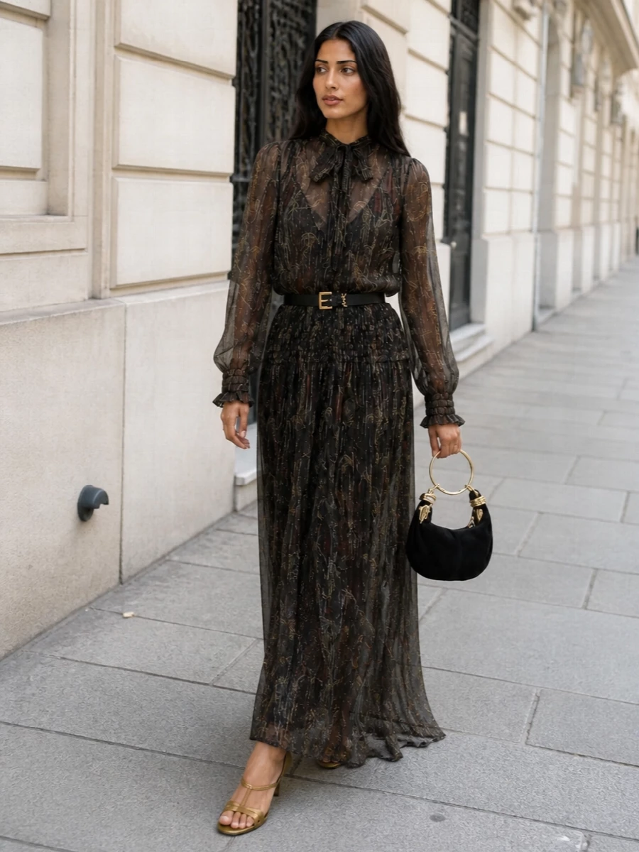 Evening floral chiffon dress gold sandals