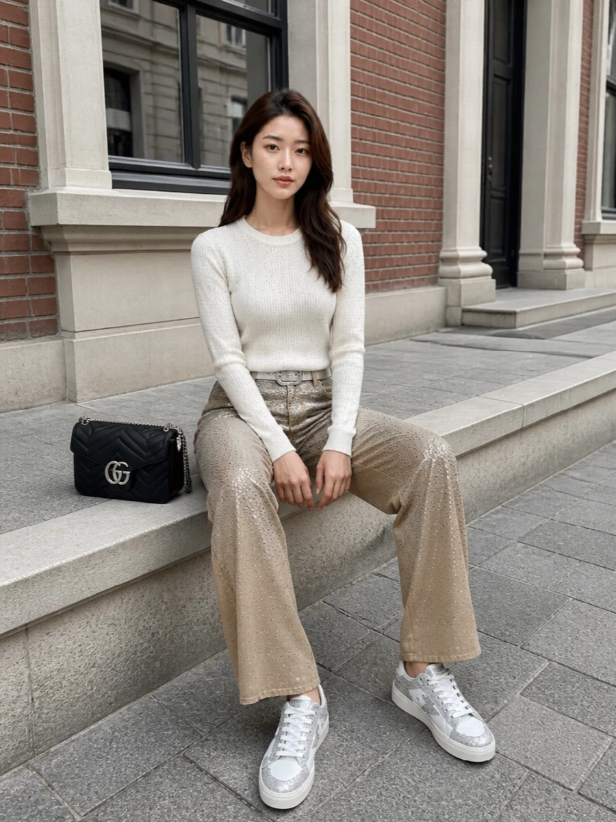 Golden goose sequin pants sparkle knit gucci bag