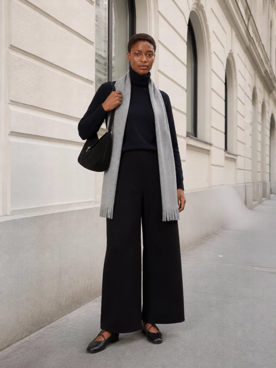 An inky Uma Wang turtleneck slips into sculptural black wide-leg ribbed trousers for a column of shadowy knit texture. Square-toe block-heel ballerinas and a clean black suede shoulder bag keep the silhouette grounded and modern. A heathered grey scarf softens the palette just enough, adding winter warmth without disturbing the calm, minimalist mood.