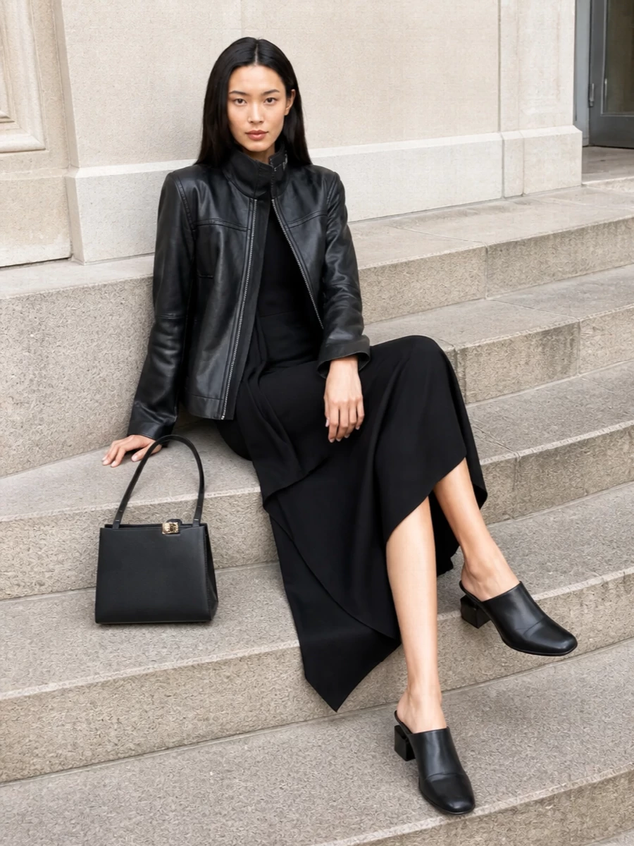 Sportmax leather jacket black midi dress outfit