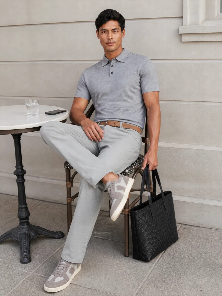 Brioni grey polo prada light grey trousers