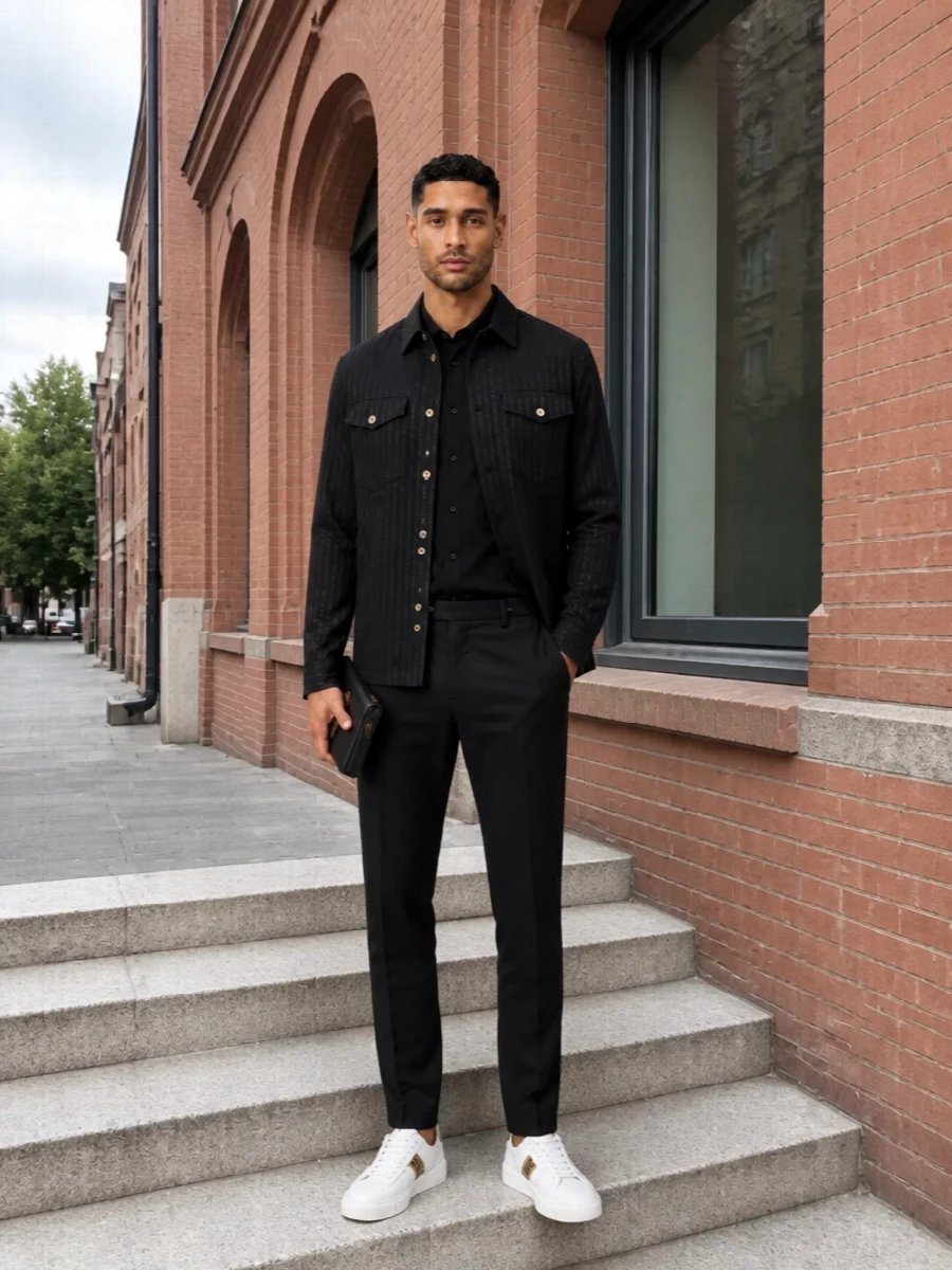 Versace black shirt jacket tailored trousers outfit