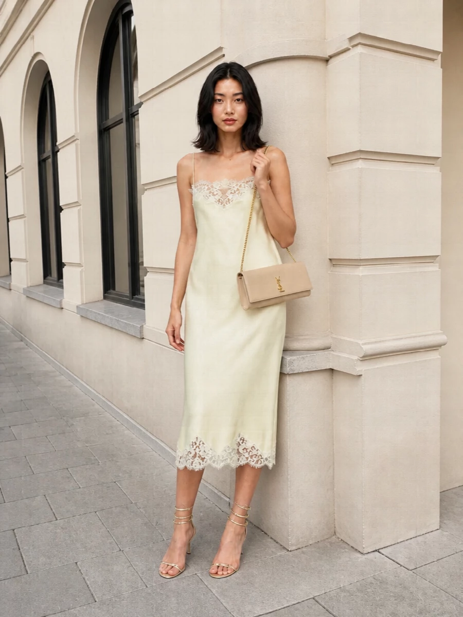 Buttercream satin, champagne leather and a whisper of gold create a soft, luminous evening story around Stella’s lace-trim slip. The Rene Caovilla spirals feel like jewelry for the legs, while the slim Saint Laurent shoulder bag keeps everything clean and modern. It is romantic, but in that restrained, grown-up way that moves from summer weddings to late terrace dinners without ever feeling saccharine.