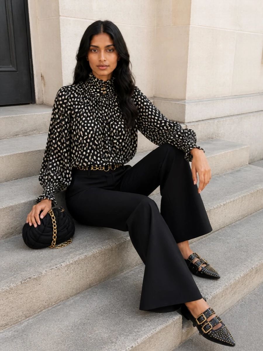 Chloe polka dot blouse black flared trousers
