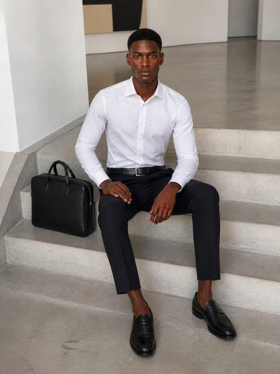 Zegna navy trousers white shirt tods loafers