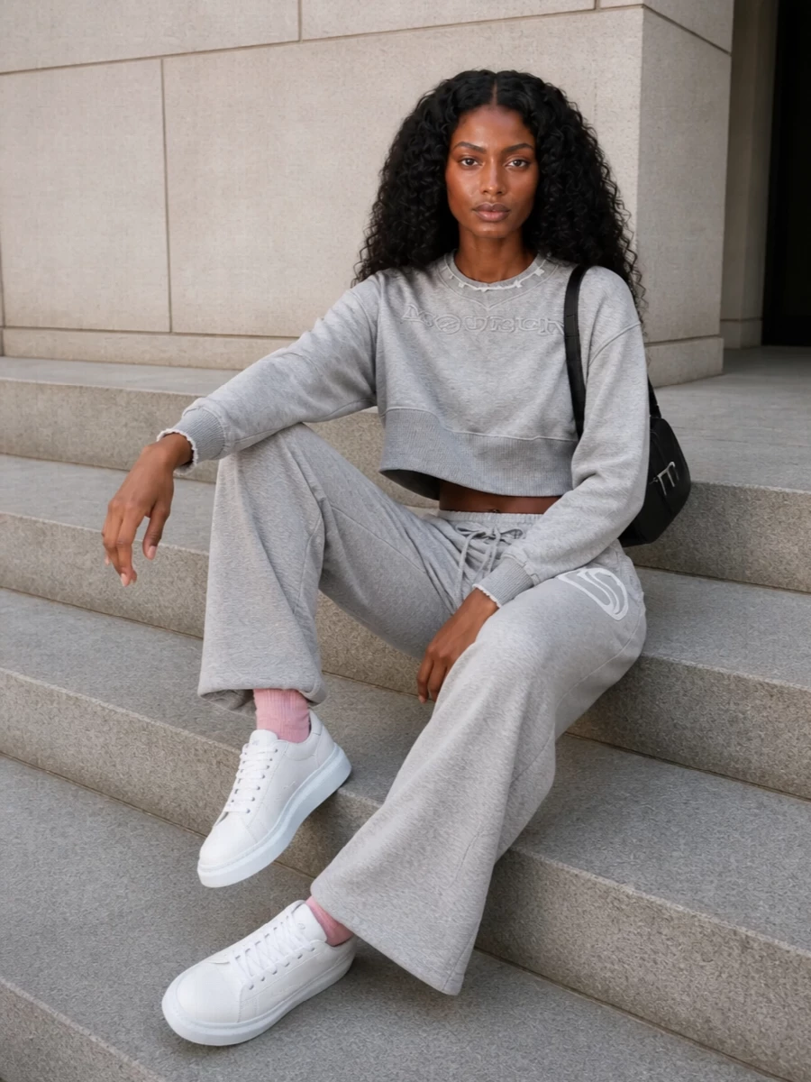 A cropped McQueen sweatshirt meets fluid heather-grey wide-leg sweats for a quietly directional take on athleisure. Clean white oversized sneakers keep the line sharp, while a structured black shoulder bag and blush socks give the outfit a considered, city-ready finish.