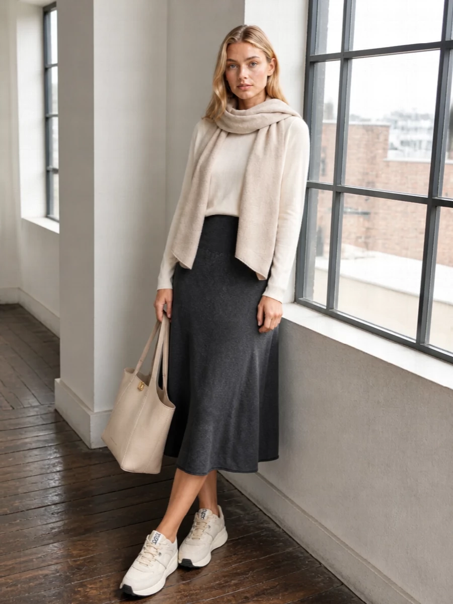 Soft ivory and charcoal grey create a calm, tonal column that feels relaxed but considered for cool-season days. The ribbed-waist knit midi skirt gives gentle structure under the featherlight crew, while cream-toned sneakers and an ivory shoulder bag keep the mood quietly refined rather than sporty. A long oatmeal scarf finishes the palette with an extra layer of warmth and softness around the neckline.