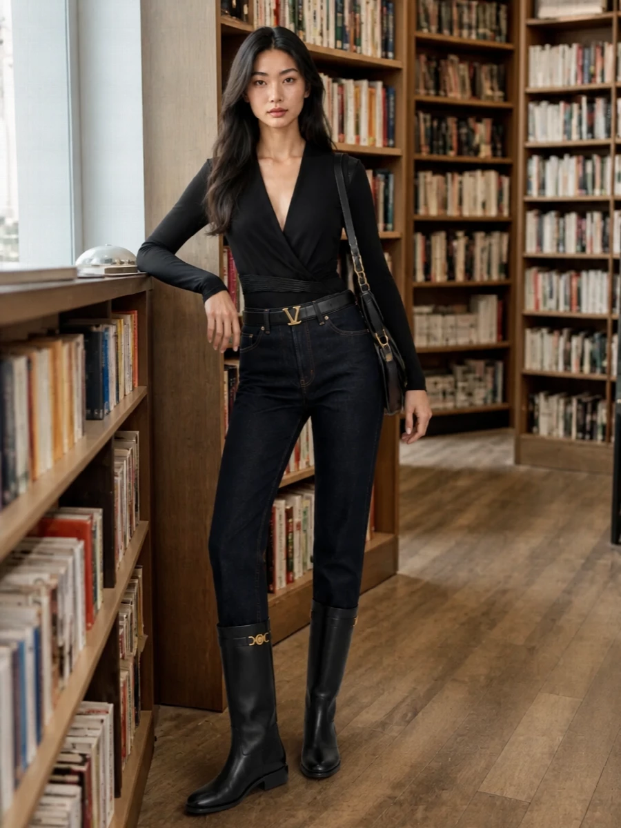 Versace dark denim black bodysuit knee boots